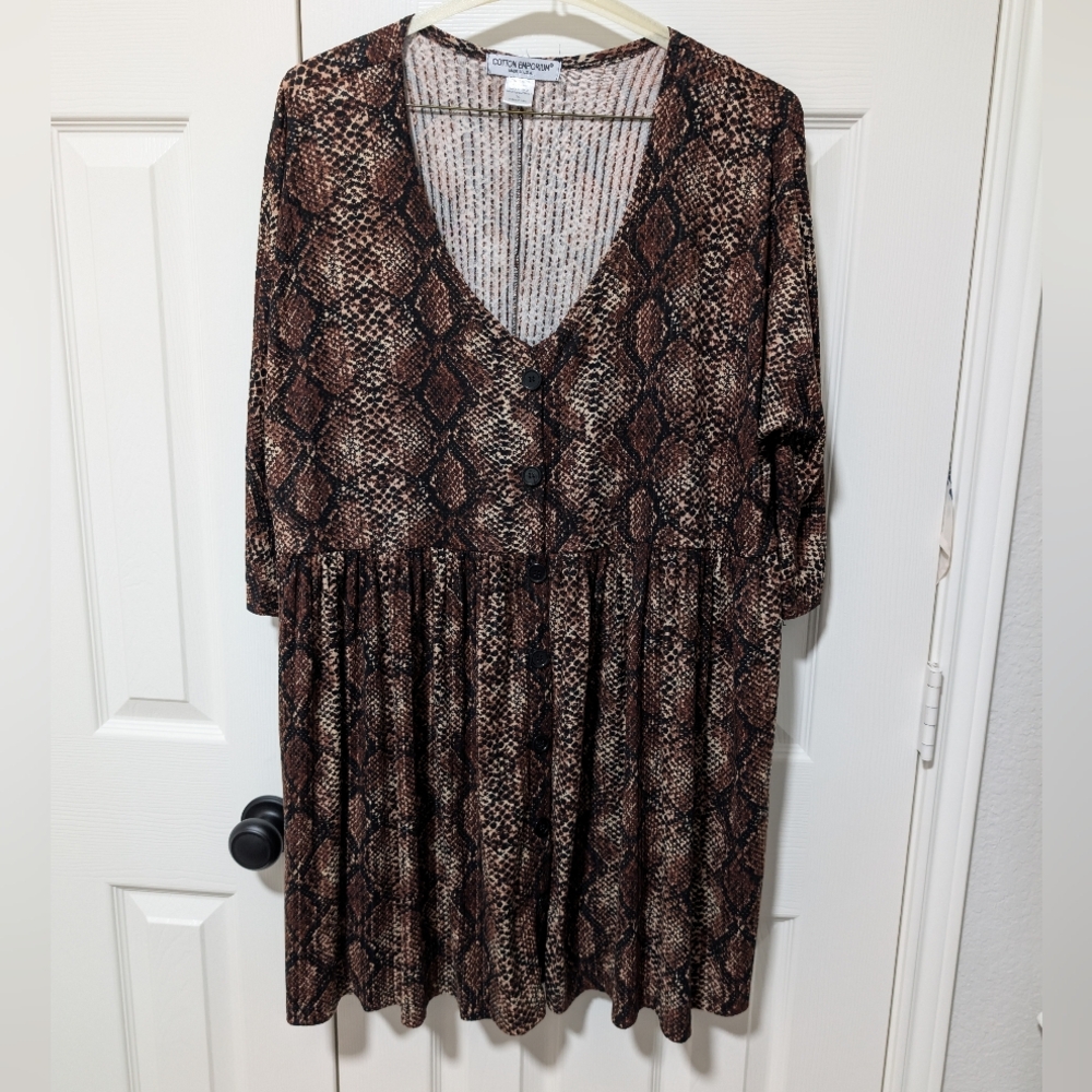2/$10 Cotton Emporium Brown/Black Snake Print Button Dress